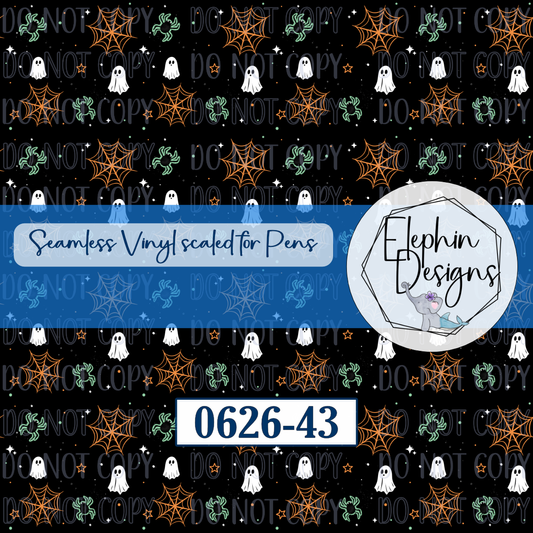A repeating Halloween-themed pattern on a black background with orange spiderwebs, white ghosts, green bats, and repeated 'DO NOT COPY' text. Blue banners across the center read 'Seamless Vinyl scaled for Pens' and '0626-43', with a circular 'Elephin Designs' logo.