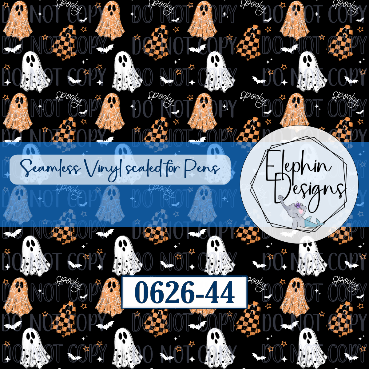Digital preview of a Halloween-themed seamless vinyl design for pens, featuring orange and white ghosts, black and orange checkered squares, white bats, and the word 'Spooky' on a black background. Includes a blue banner reading 'Seamless Vinyl scaled for Pens' and a white circle with the brand name 'Elephin Designs'.