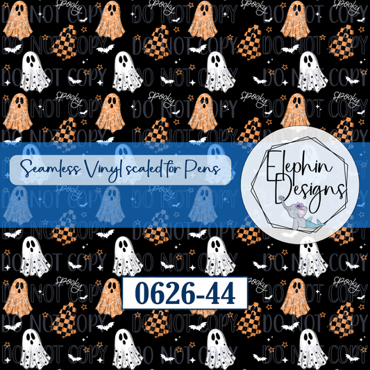 Digital preview of a Halloween-themed seamless vinyl design for pens, featuring orange and white ghosts, black and orange checkered squares, white bats, and the word 'Spooky' on a black background. Includes a blue banner reading 'Seamless Vinyl scaled for Pens' and a white circle with the brand name 'Elephin Designs'.