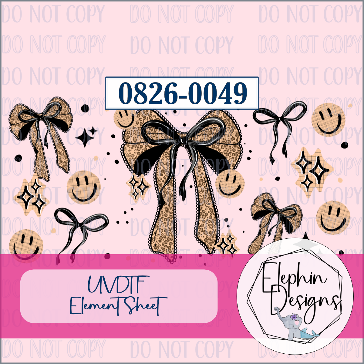 UV DTF Element Sheet | Leopard Bow Smiley Face | 0826-0049