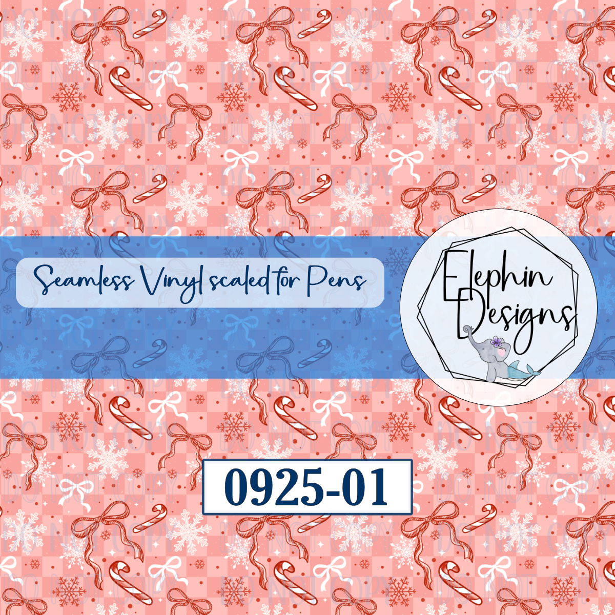 Red and white ribbon bows, candy canes and snowflakes on pink checks, design 0925-01