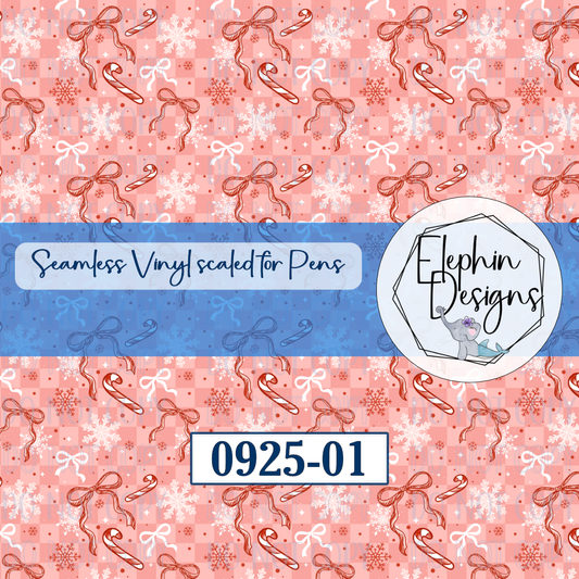 Red and white ribbon bows, candy canes and snowflakes on pink checks, design 0925-01