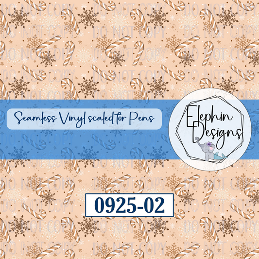Tan and white candy canes with brown and cream snowflakes on peach, design 0925-02