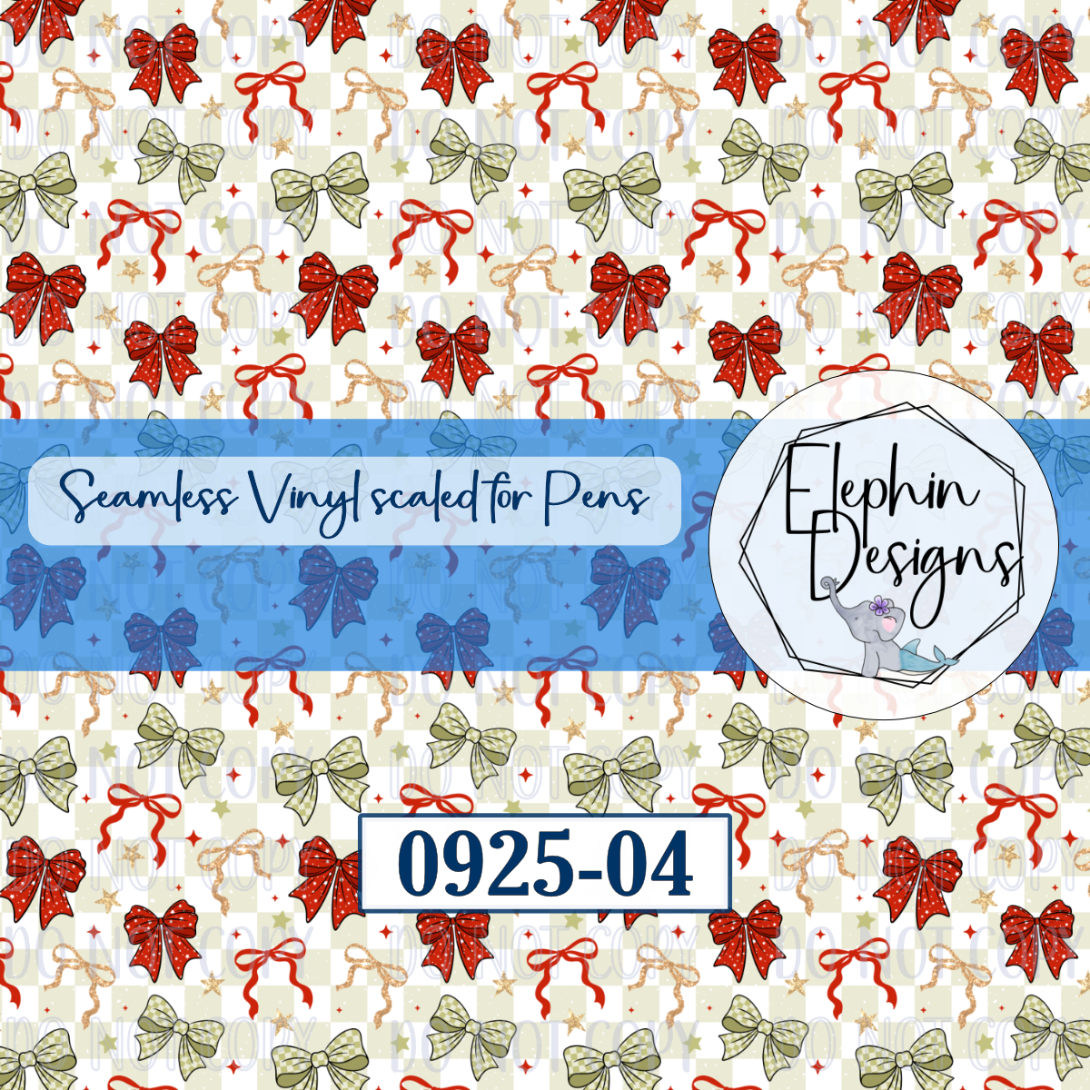 Red, sage green and gold ribbon bows with stars on pale checks, design 0925-04