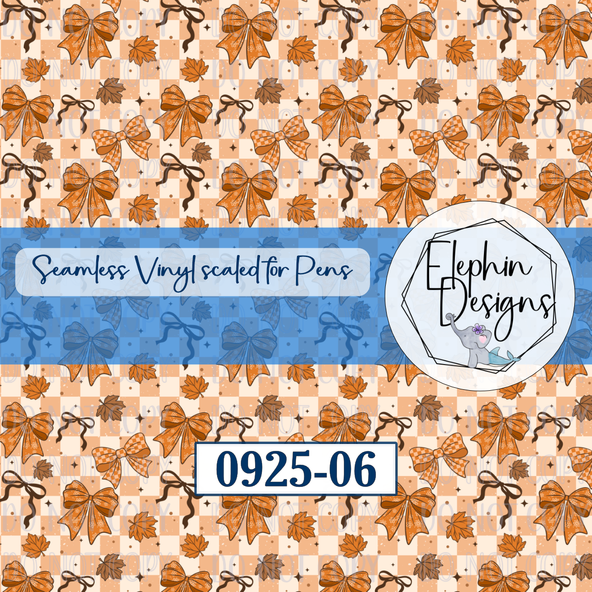 Orange and brown bows with autumn leaves on peach and cream checks, design 0925-06