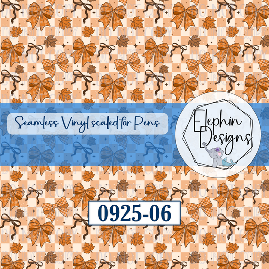 Orange and brown bows with autumn leaves on peach and cream checks, design 0925-06