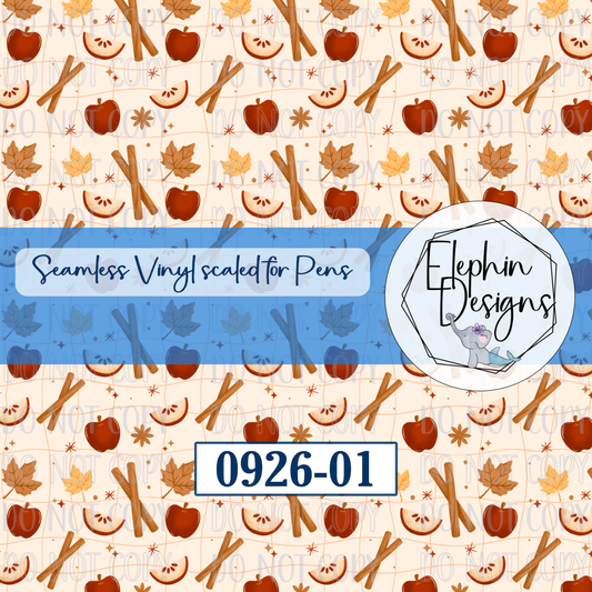 Apple and cinnamon seamless printed vinyl with autumn leaves, design 0926-01